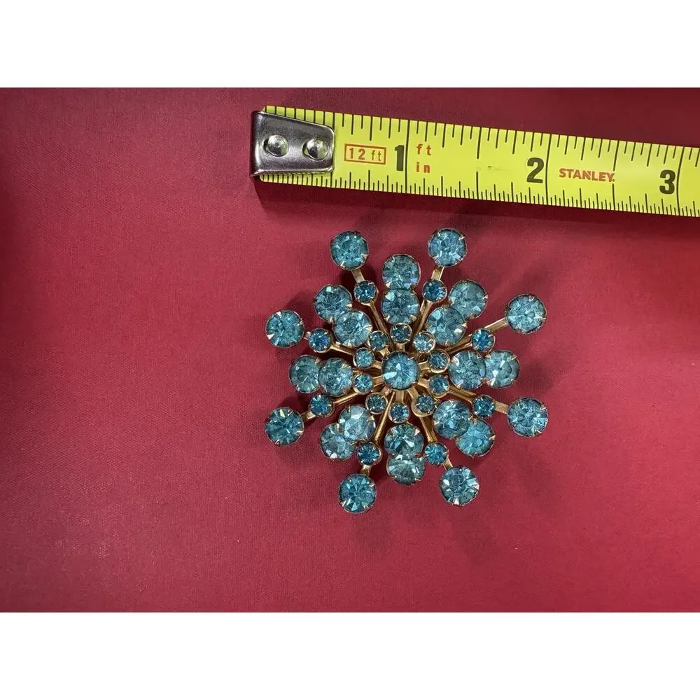 Vintage Blue Atomic Snowflake Brooch Mcm Gold Tone Rhinestone Pin Ice